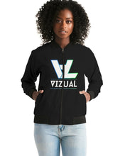Load image into Gallery viewer, Women's Black Bomber Jacket highlighter blue&green logo