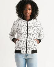 Load image into Gallery viewer, "Vizúal on Repeat" Logo Bomber Jacket  white Women's Bomber Jacket