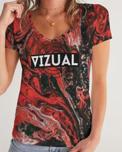 Load image into Gallery viewer, Red and Black Ink Color Base V-neck T-Shirt Women's V-Neck Tee