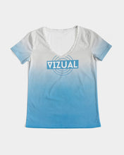 Load image into Gallery viewer, Women&#39;s White &amp; Ocean Blue Ombre V-neck T-Shirt Women&#39;s V-Neck Tee
