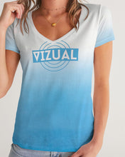 Load image into Gallery viewer, Women&#39;s White &amp; Ocean Blue Ombre V-neck T-Shirt Women&#39;s V-Neck Tee
