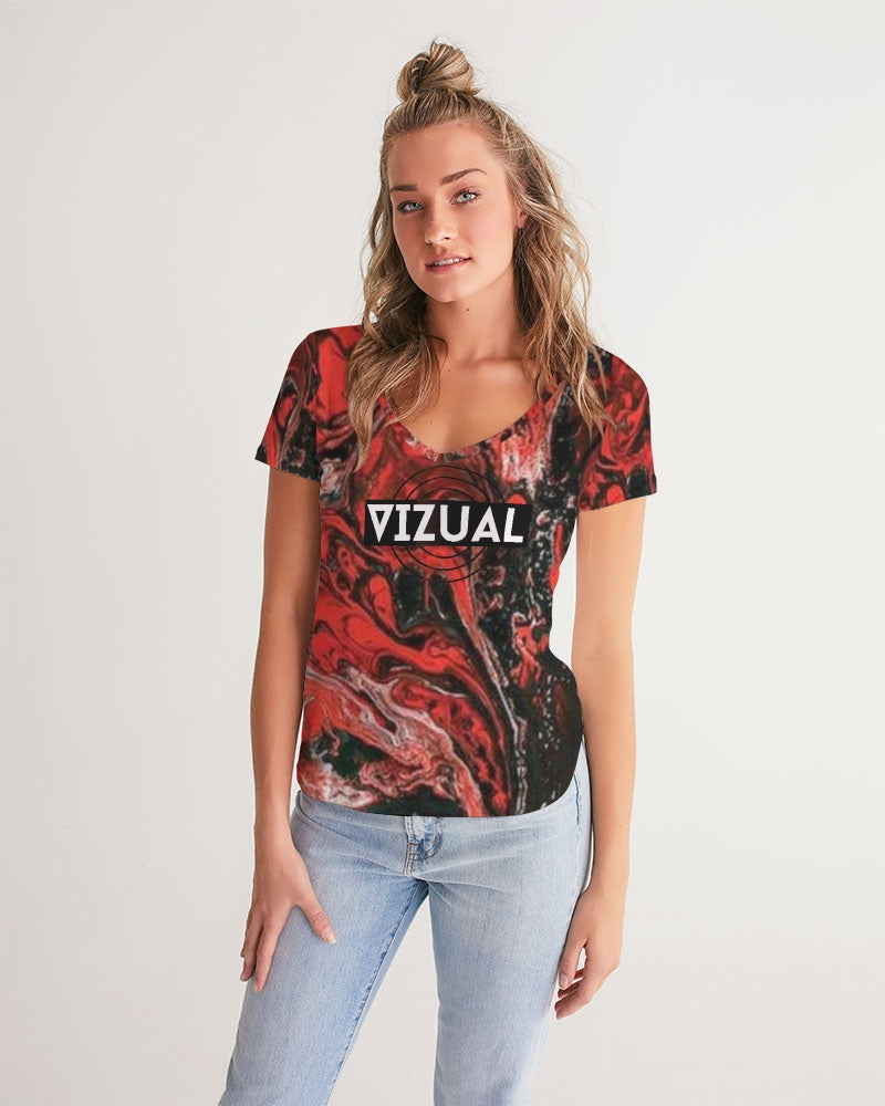 Red and Black Ink Color Base V-neck T-Shirt Women's V-Neck Tee