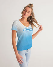 Load image into Gallery viewer, Women&#39;s White &amp; Ocean Blue Ombre V-neck T-Shirt Women&#39;s V-Neck Tee
