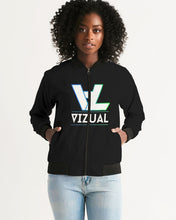 Load image into Gallery viewer, Women&#39;s Black Bomber Jacket highlighter blue&amp;green logo
