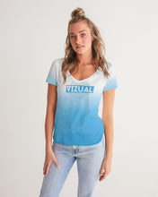 Load image into Gallery viewer, Women&#39;s White &amp; Ocean Blue Ombre V-neck T-Shirt Women&#39;s V-Neck Tee
