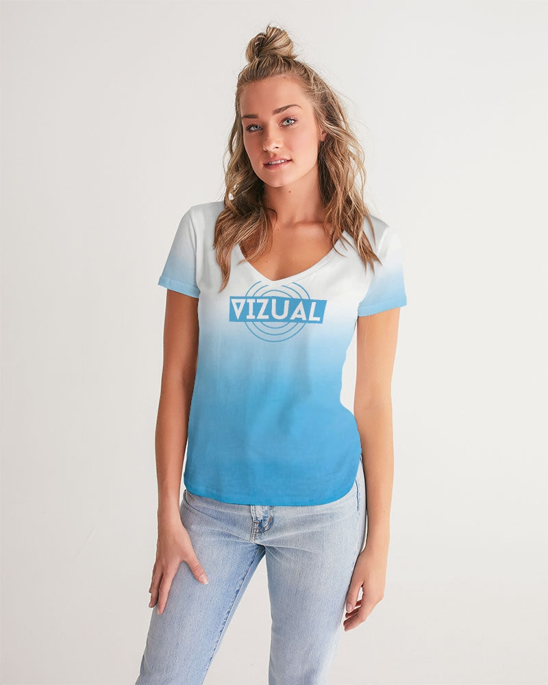 Women's White & Ocean Blue Ombre V-neck T-Shirt Women's V-Neck Tee