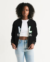 Load image into Gallery viewer, Women&#39;s Black Bomber Jacket highlighter blue&amp;green logo
