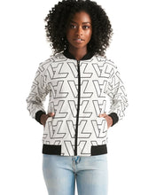 Load image into Gallery viewer, &quot;Vizúal on Repeat&quot; Logo Bomber Jacket  white Women&#39;s Bomber Jacket
