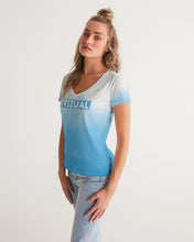 Load image into Gallery viewer, Women&#39;s White &amp; Ocean Blue Ombre V-neck T-Shirt Women&#39;s V-Neck Tee
