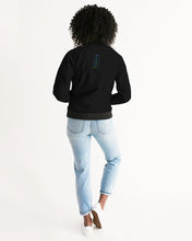 Load image into Gallery viewer, Women&#39;s Black Bomber Jacket highlighter blue&amp;green logo
